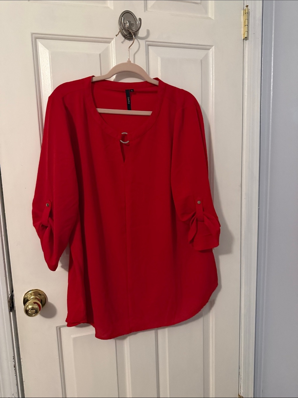 Women's Red V-Neck D-Ring Roll-Tab Tunic